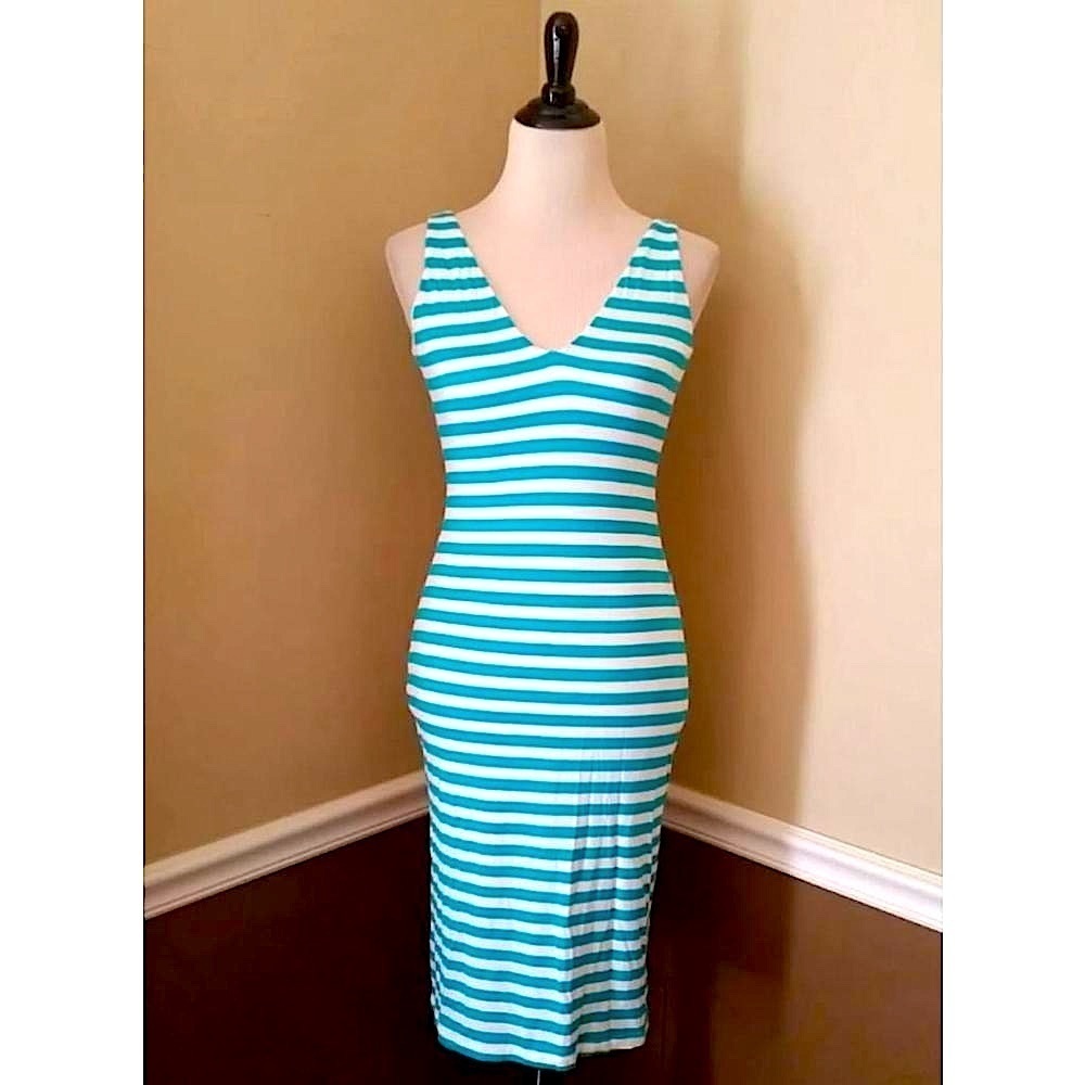 Teal & White Striped Stretch Knit Sleeveless Midi Dress Modcloth Coco Love S